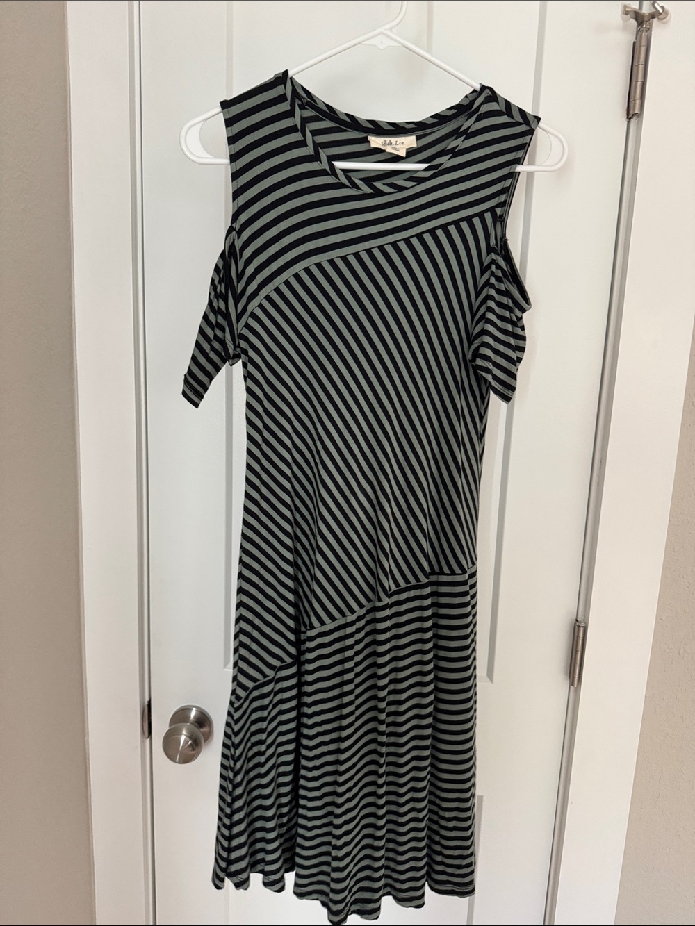 Style & Co. Black and Gray Striped Cold-Shoulder Midi Dress